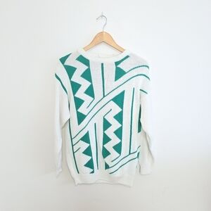 Vintage André Christian White and Green Abstract Print Cotton Crew Neck Sweater